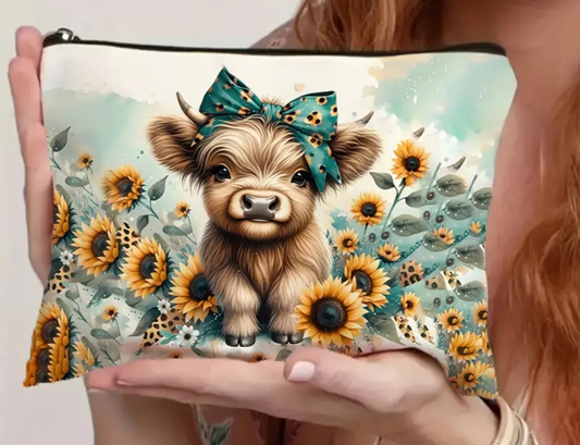 Cute cow with sunflowers cosmetic case