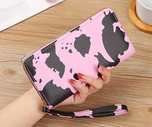 Pink and black cow print wallet