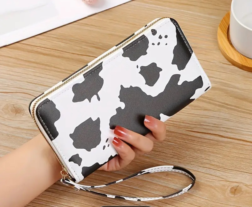 White and black cow print wallet