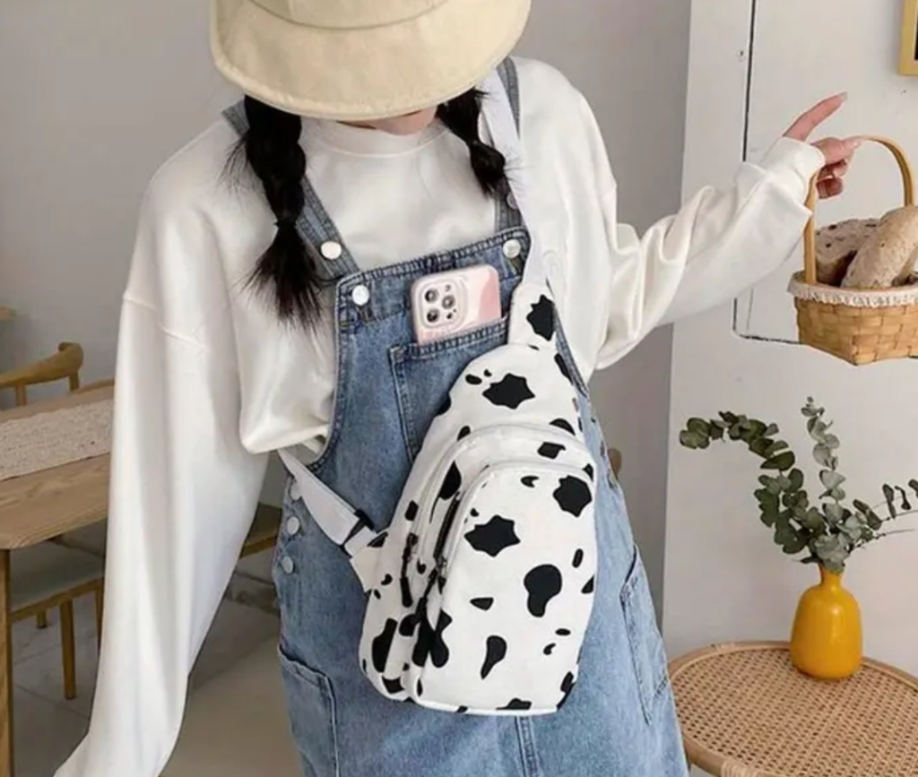 White with black Cow print cross body purse