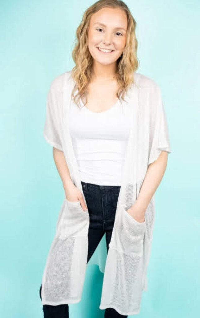 Sunnyside White Ribbed Kimono With Pockets