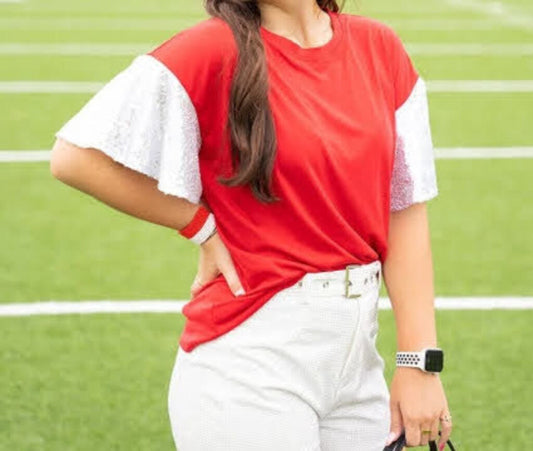 Crimson and White Sequin Sleeve Shirt