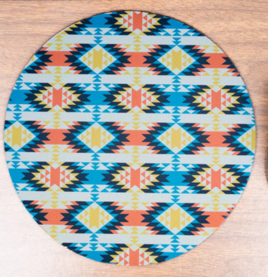 Round Coral and Blue Aztec Mouse Pad