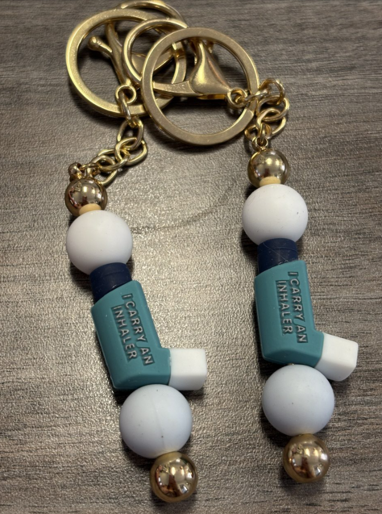 Blue inhaler bag clip/keychain on gold