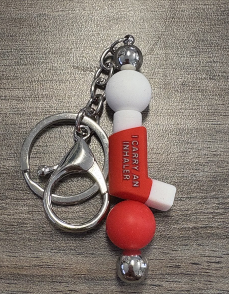 Red inhaler bag clip/keychain on silver