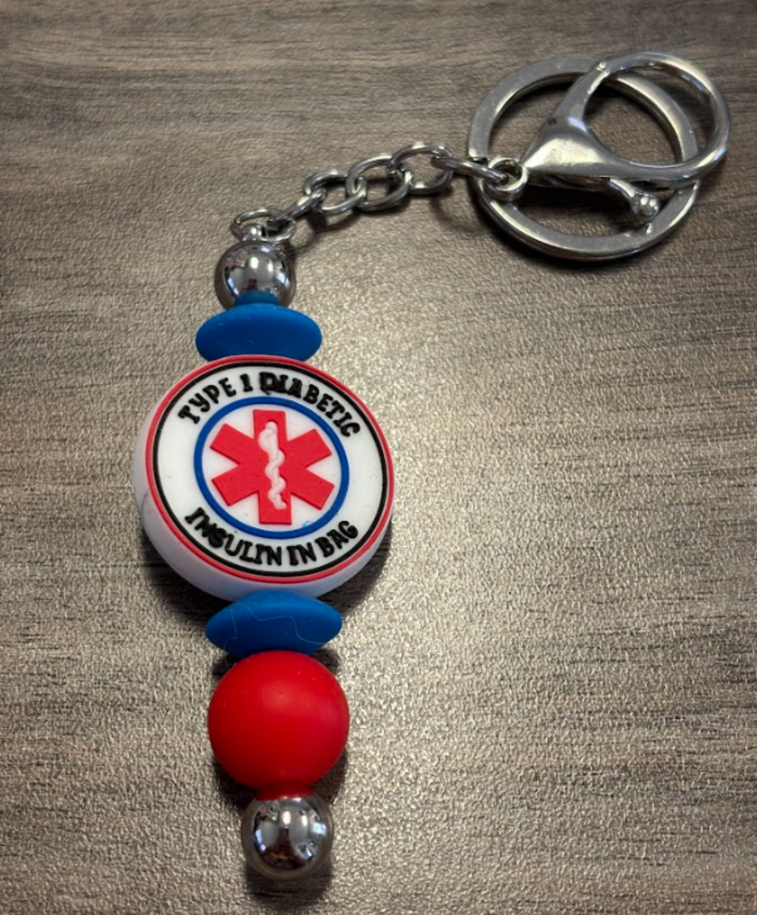 Type 1 diabetic bag clip/keychain on silver
