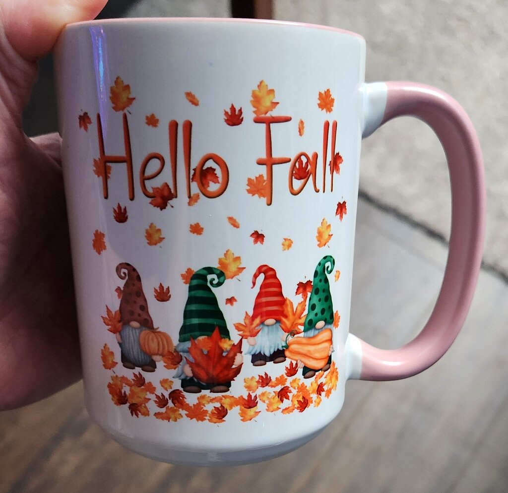 Hello Fall Gnomes Mug Pink 15 oz