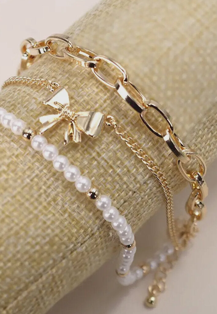 Bow Pearl Link Trio Bracelet Set