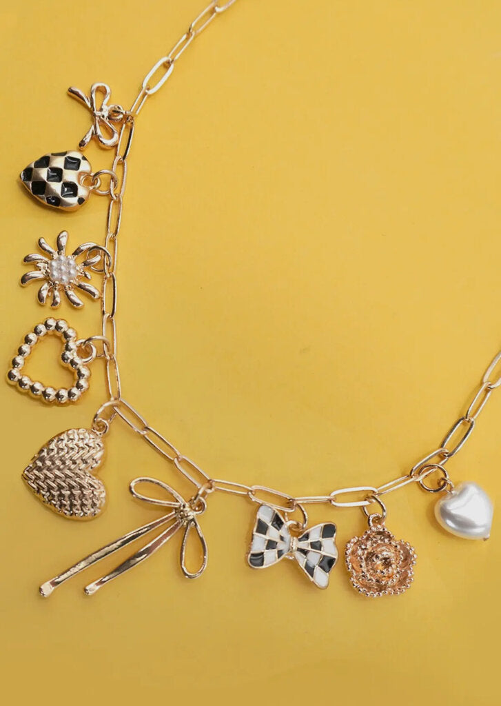 Bow Checker Heart Floral Charm Necklace