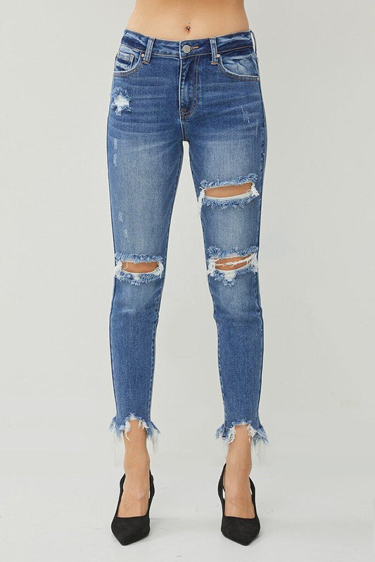 RISEN HIGH RISE DISTRESSED WASH SKINNY JEANS