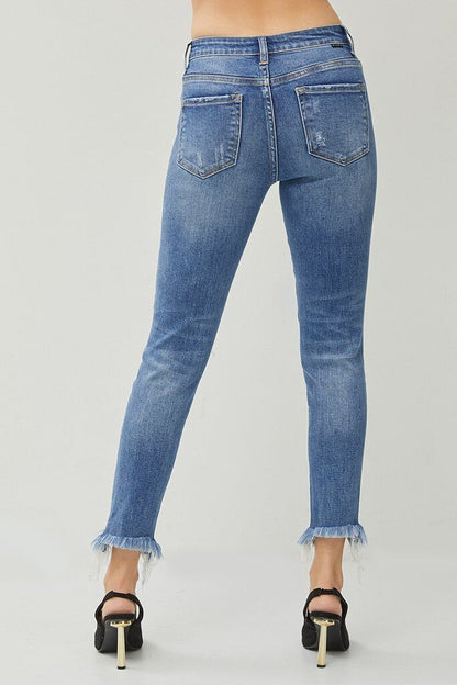 RISEN HIGH RISE DISTRESSED WASH SKINNY JEANS