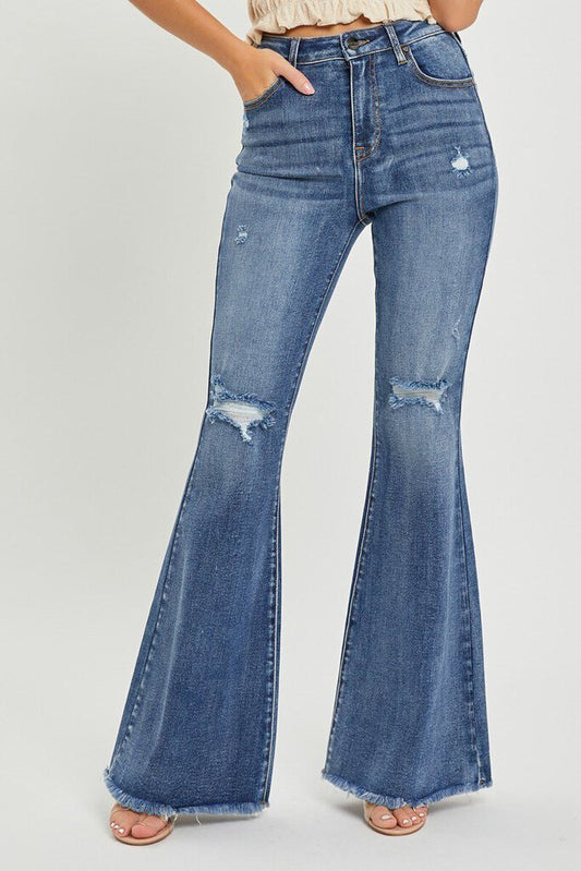 RISEN HIGH RISE KNEE DISTRESSED FLARE JEANS