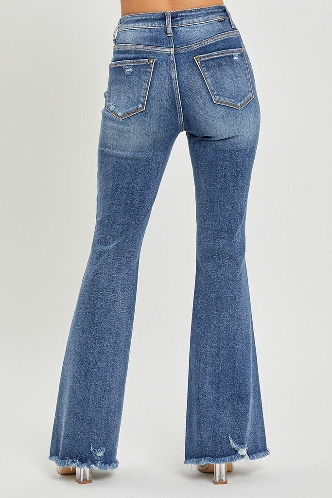 RISEN HIGH RISE KNEE DISTRESSED FLARE JEANS