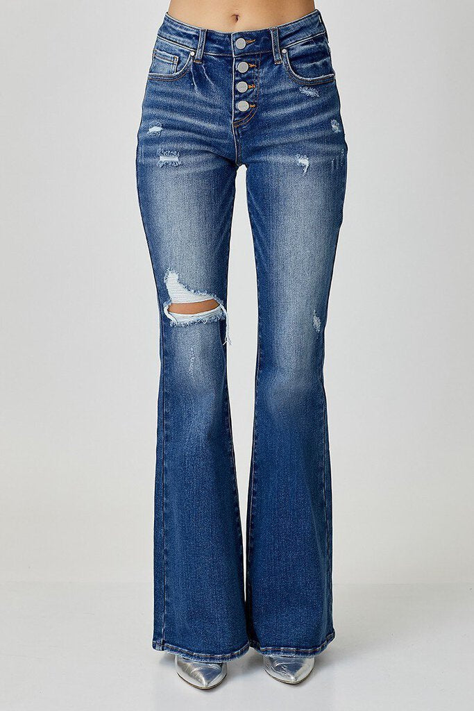 RISEN MID RISE BUTTON DOWN FLARE JEANS