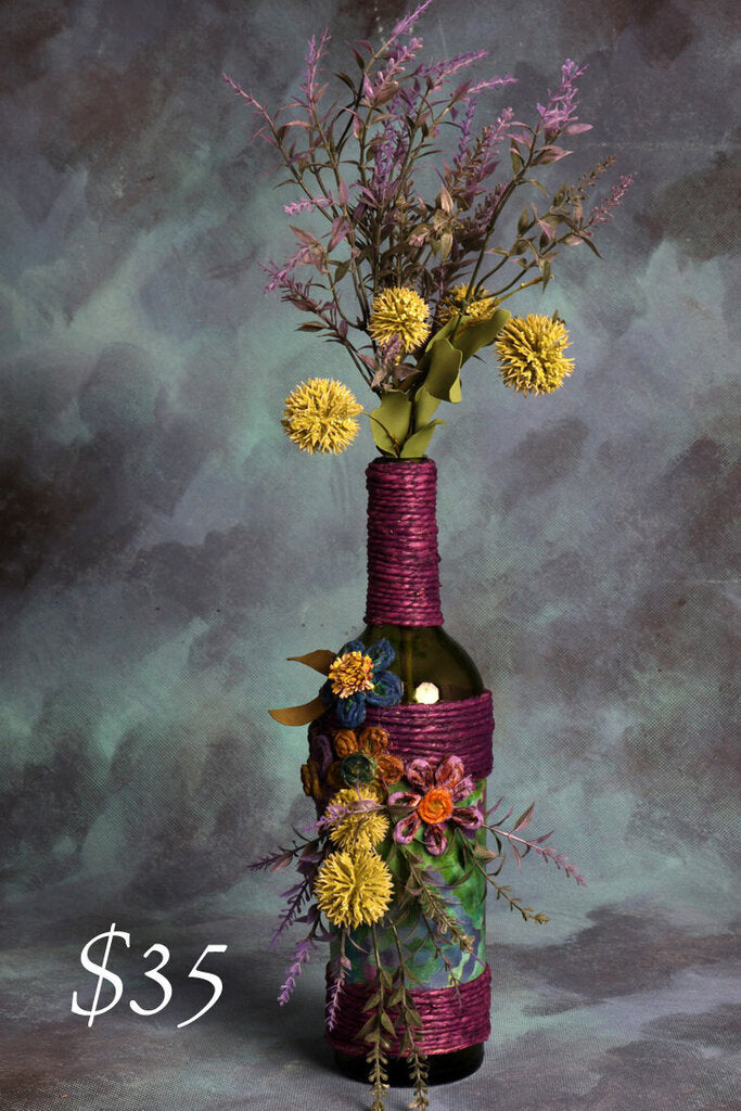 Purple wine colored with yellow flowers