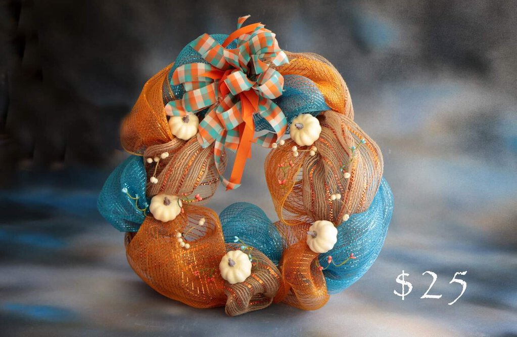 Mesh wreath - teal and orange - white pumpkins