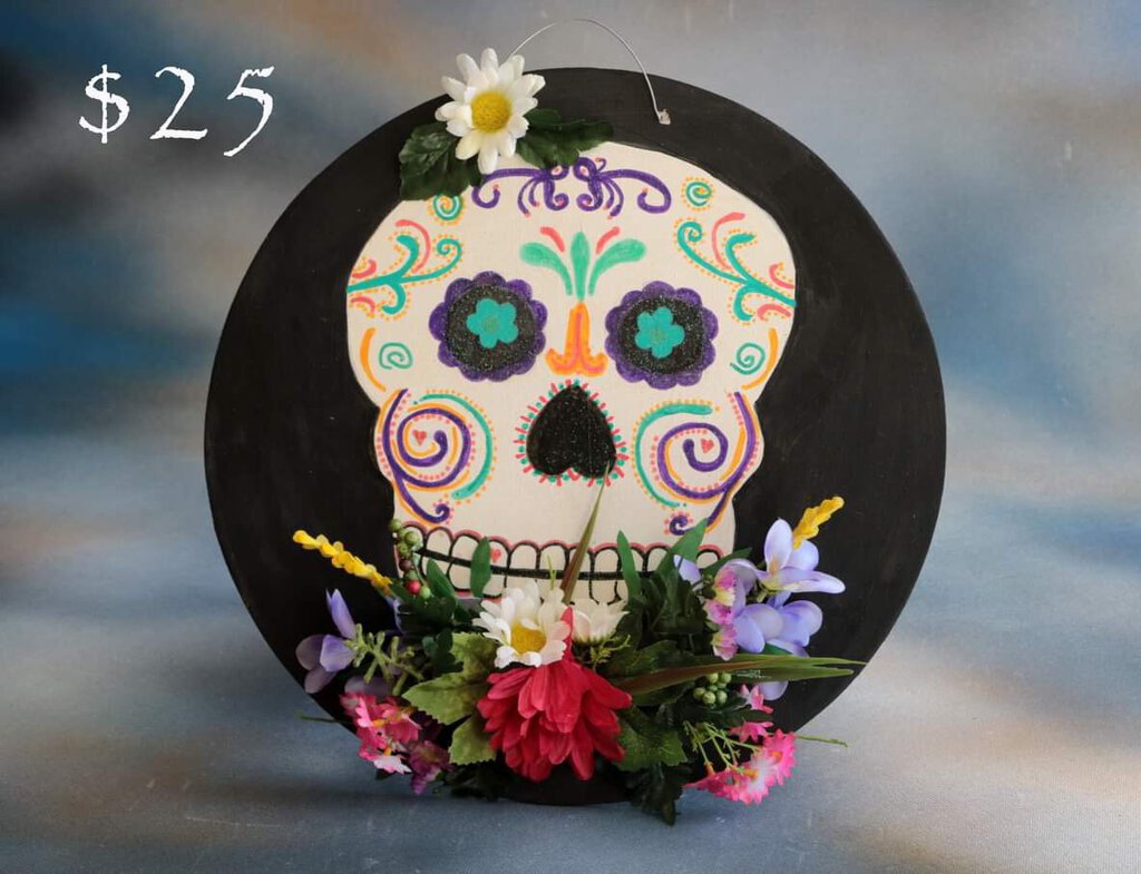 Door Hanger- Sugar Skull on black background with floral bouquet - CJ