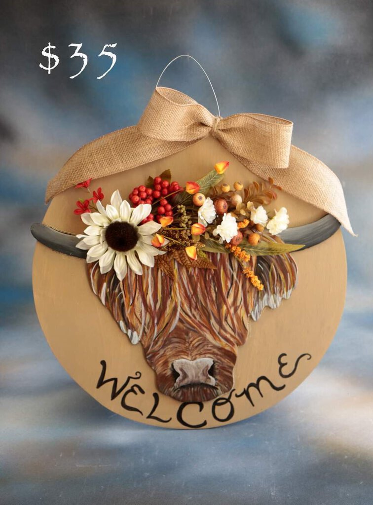 Door hanger- Highland cow with fall floral headpiece - CJ