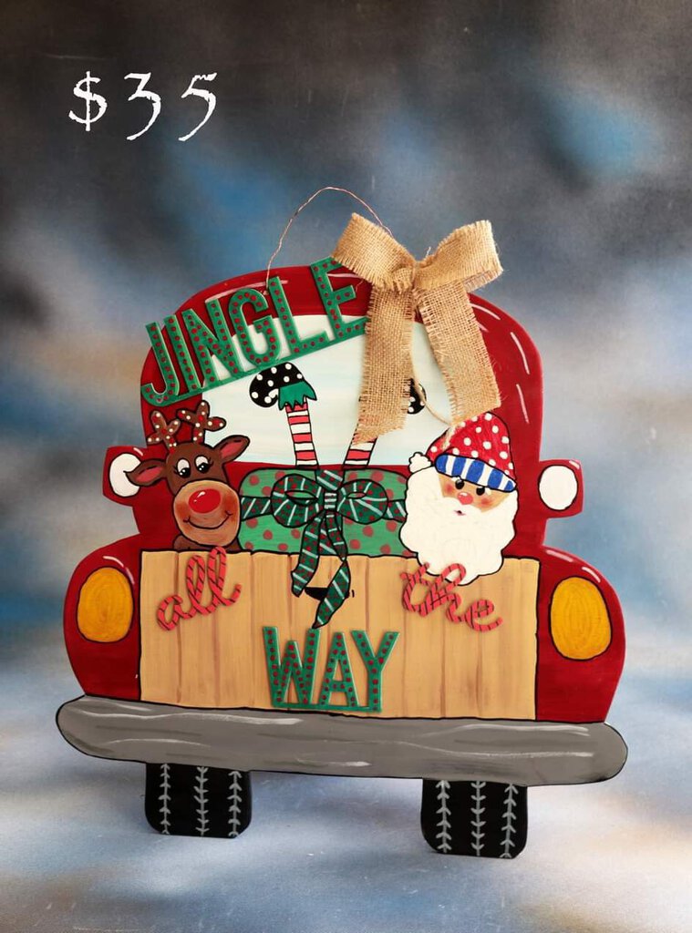 Door hanger- Big Red truck with Santa, Rudolph and Elf - Jingle All The Way - CJ