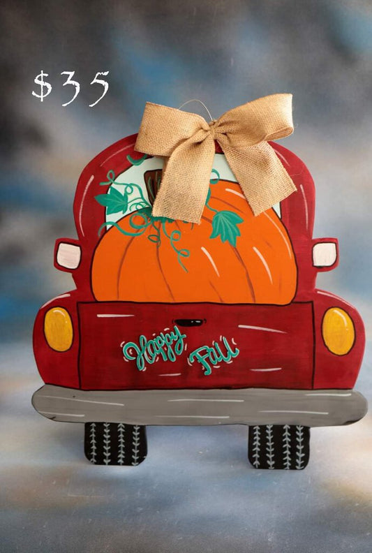 Door hanger- Red Truck with large pumpkin - Happy Fall - CJ