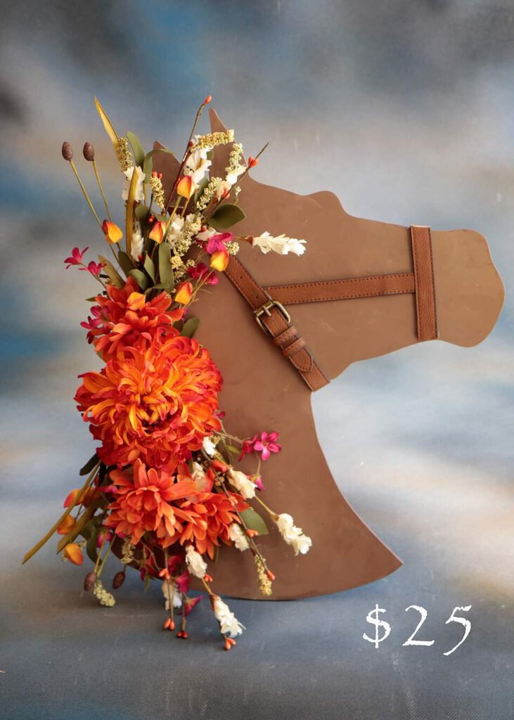 Door hanger - brown horse head with fall flowers/leather bit - CJ