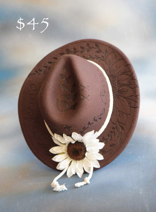 Brown cowboy hat with cream roping and cream sunflower (CJ)