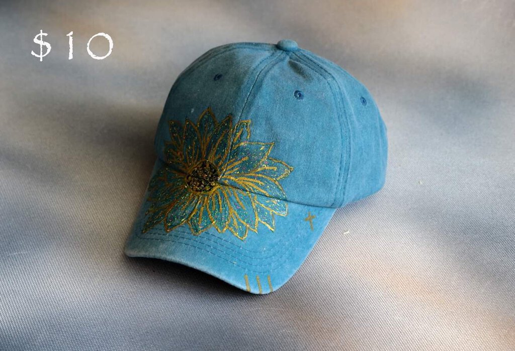 Blue/sunflower painted baseball cap (CJ)