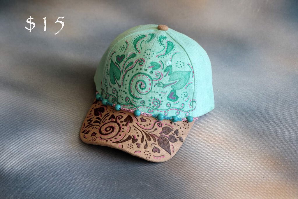 Hand Painted and burned ball cap - teal/bge paisley - CJ