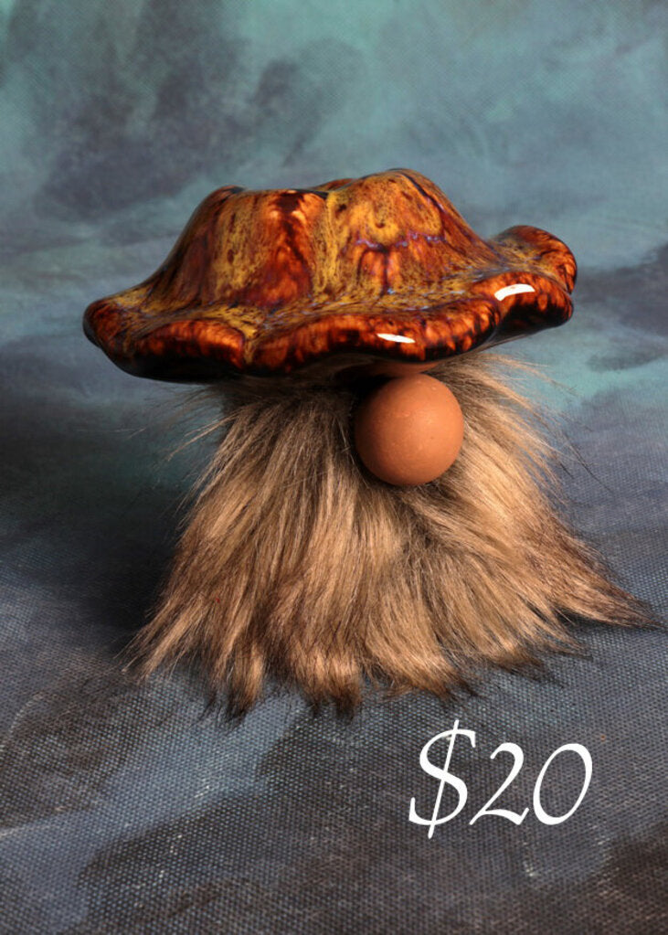 Mushroom Gnome with brown and yellow hat and beige beard