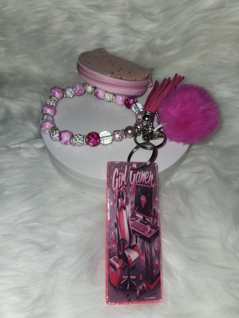 Girl power wristlet keychain w/ pompom and coin Purse