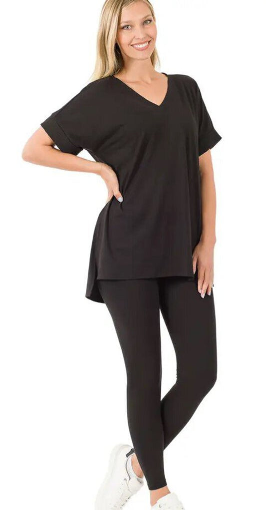 BRUSHED MICROFIBER SHORT SLEEVE TOP AND LEGGINGS (BLACK)