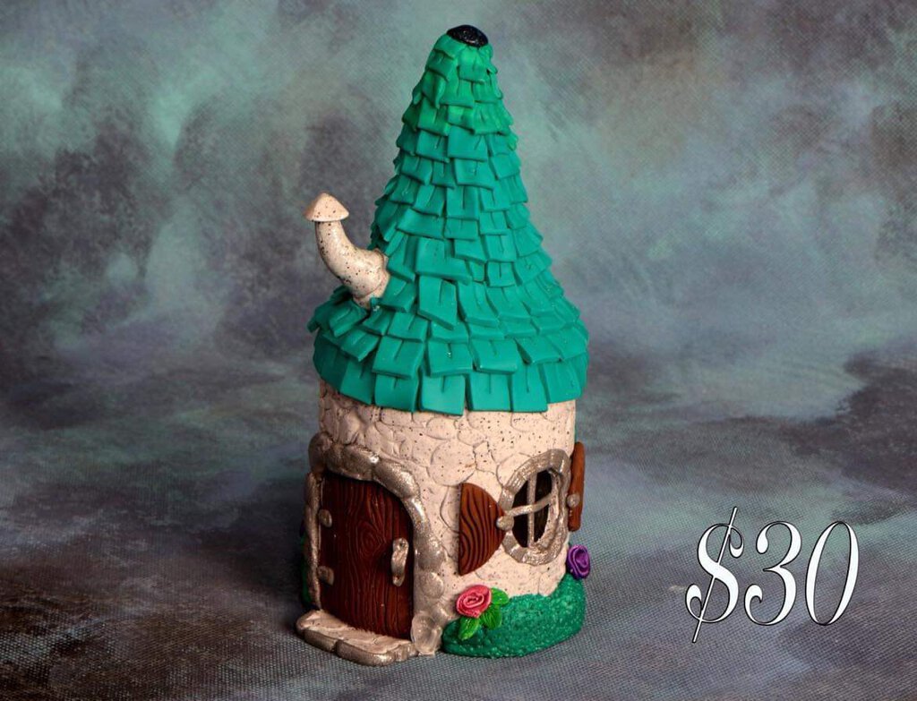 Polymer Fairy House - teal roof - bc