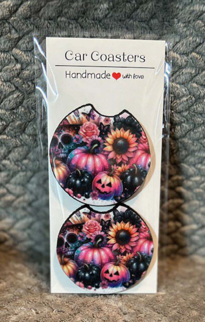 PinkOrngblckpumpkinskull Car Coasters Dbl