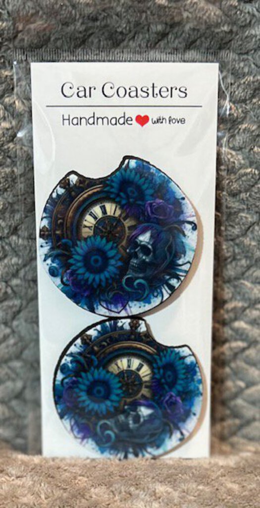 BlueprpleflowSkullClock Car Coasters Dbl