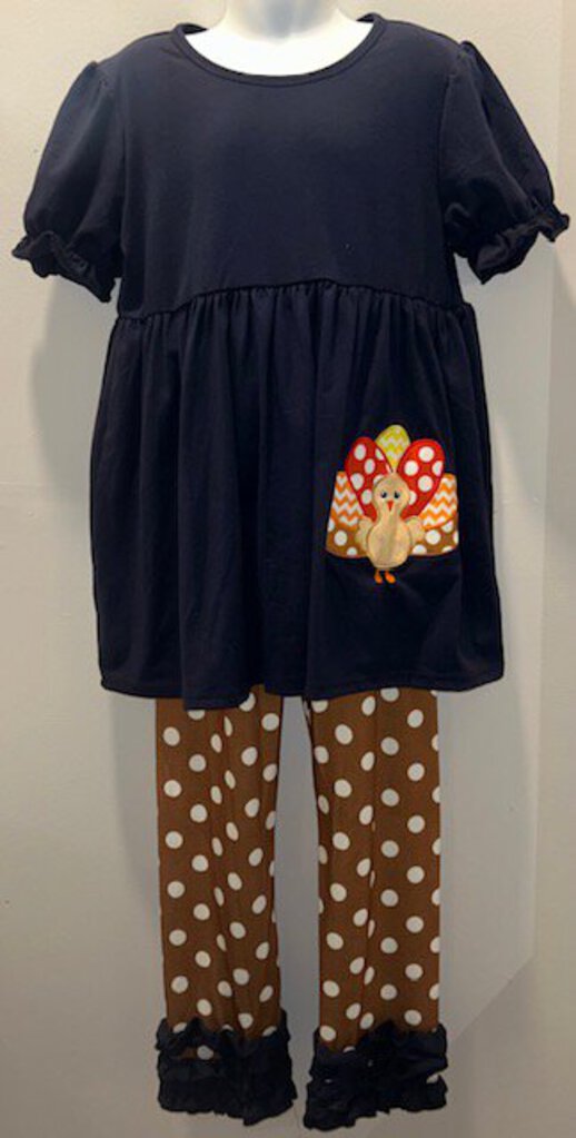 Boutique - Navy Embroidery with Brown/White Polka Dot Pants