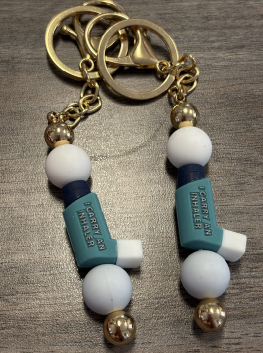 Blue inhaler bag clip/keychain on gold