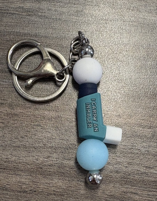 Blue inhaler bag clip/keychain on silver