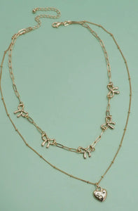 Double Layer Multi Bow with Heart Necklace