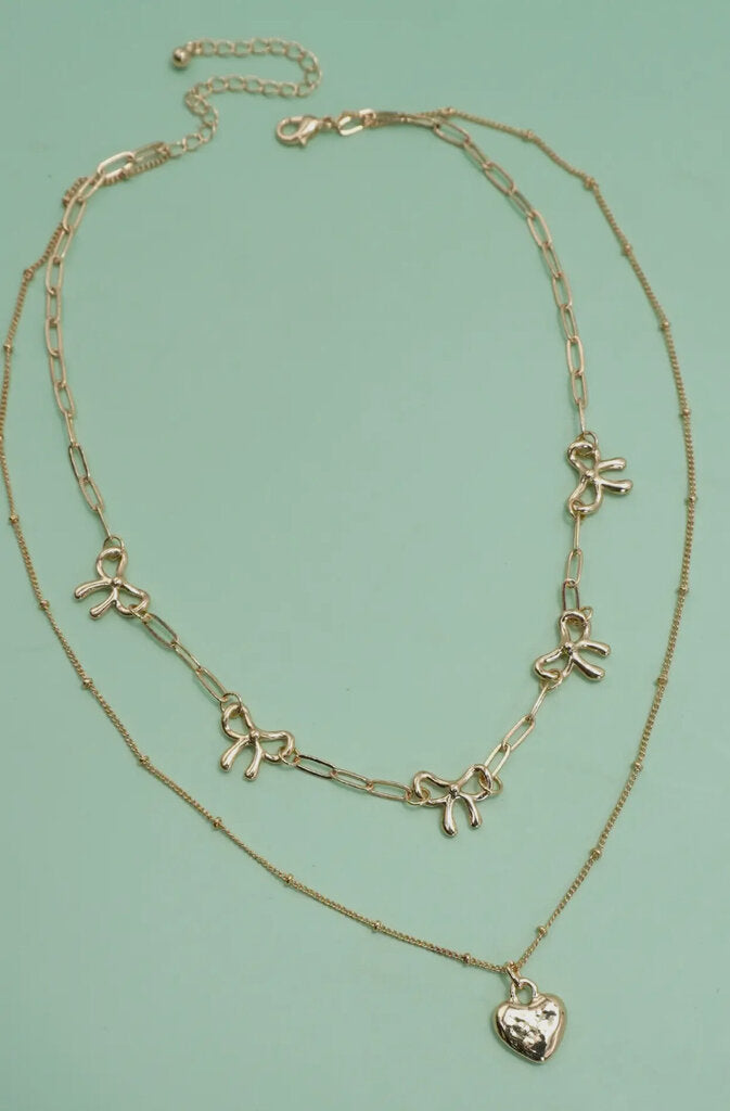Double Layer Multi Bow with Heart Necklace