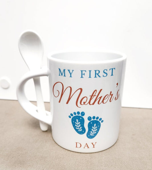 My First Mother's Day blue white mug w/spoon