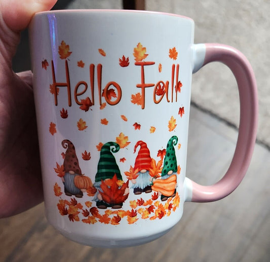 Hello Fall Gnomes Mug Pink 15 oz