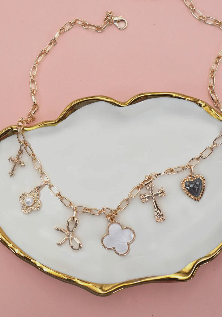 Clover Bow and Cross Charm Necklace