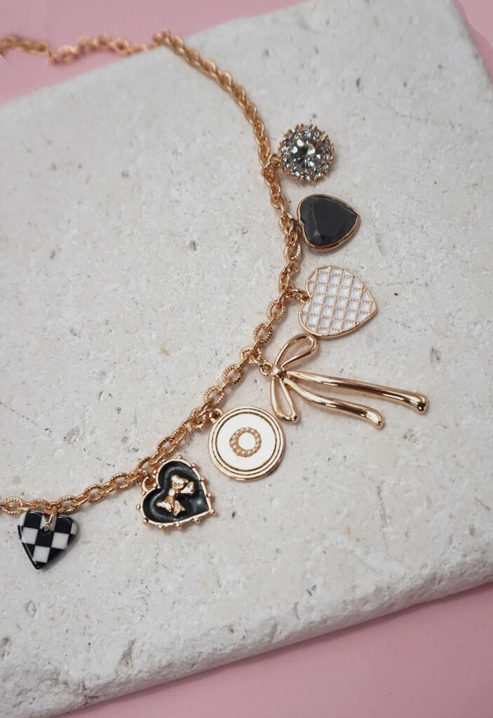 Bow, Hearts, Checkered Charm Necklace