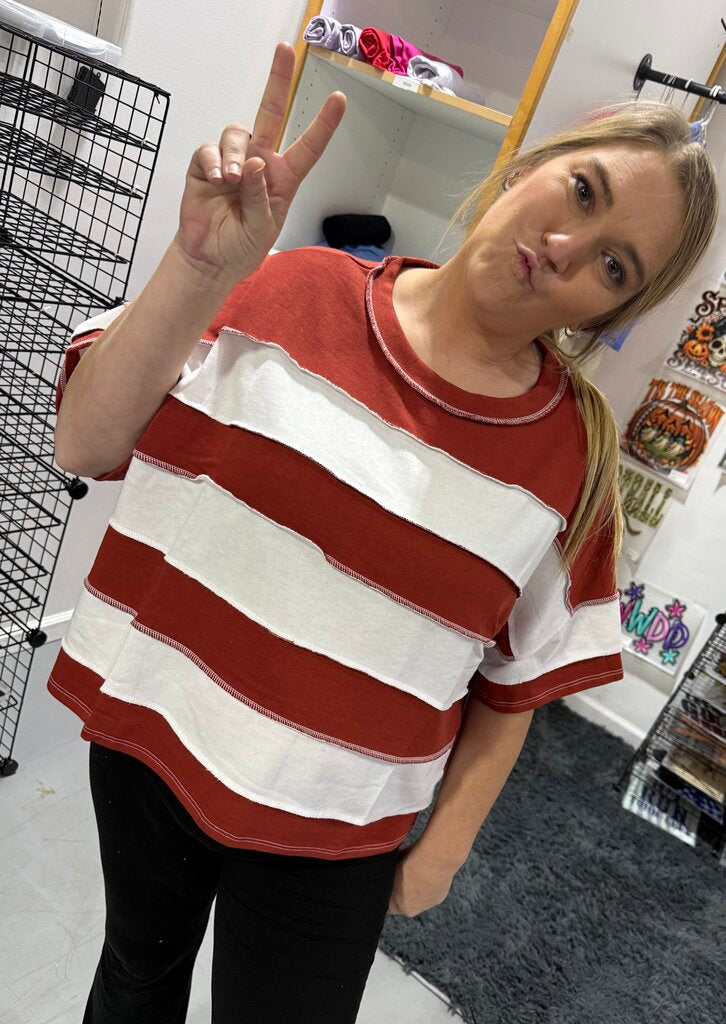 Autumn Breeze Oversized Striped Short Sleeve Top