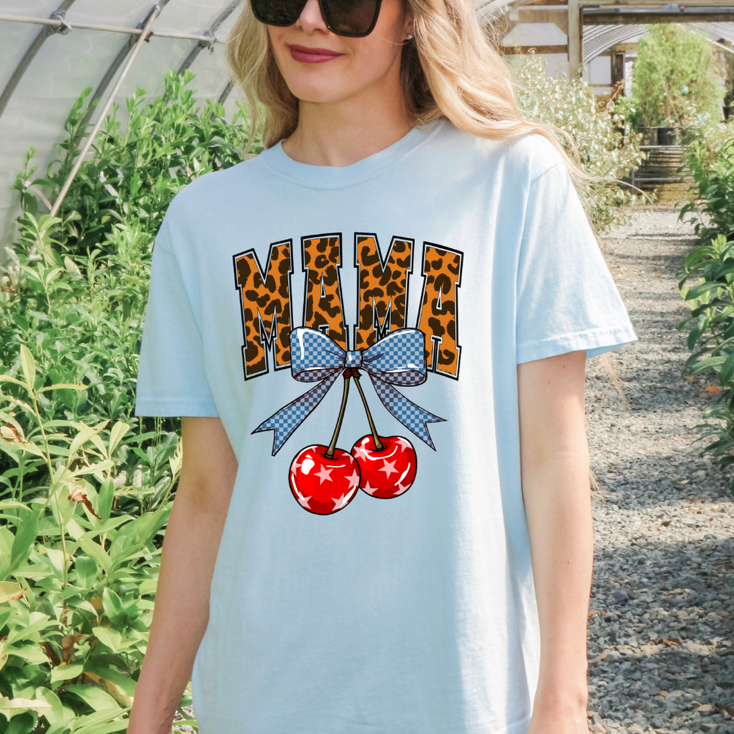 Leopard Mama With Cherries Blue Bow Comfort Color Tshirt
